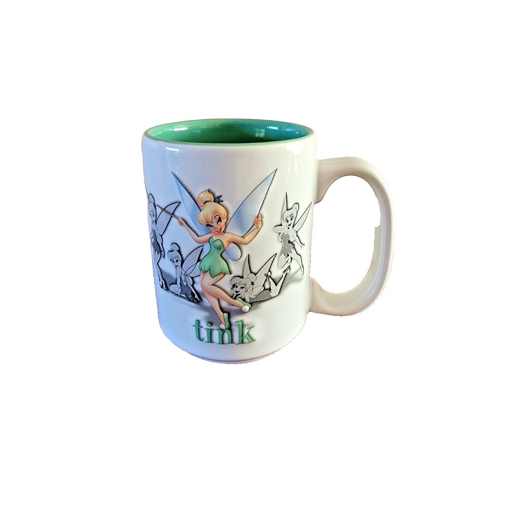 Walt Disney World Parks Tink Mug 3D Tinker Bell Coffee Cup Embossed White Green